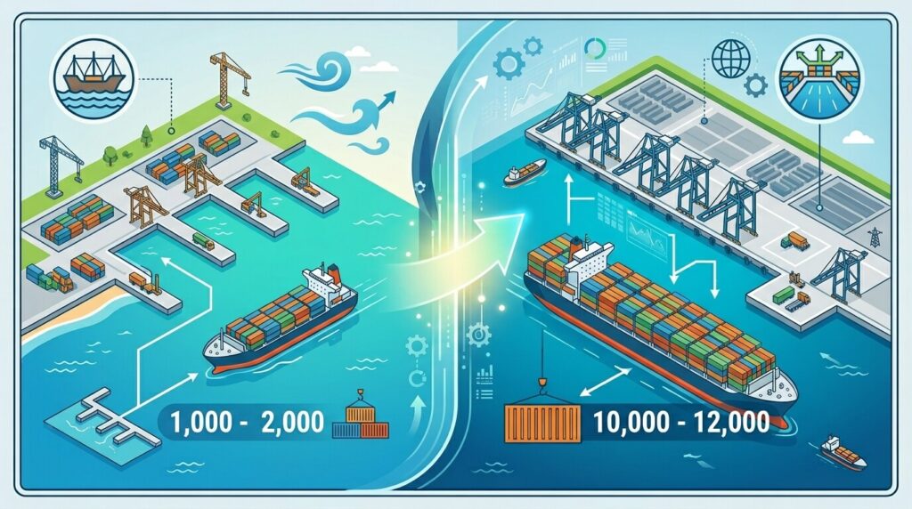Comparison of feeder vessel vs large ocean-going container ship after Sihanoukville port deepening to 14.5 meters.