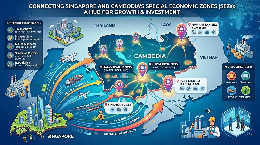 Discover why Singapore is a top 3 investor in Cambodia's SEZs. Full breakdown of tax incentives, the Manhattan SEZ case study, and a step-by-step setup guide.