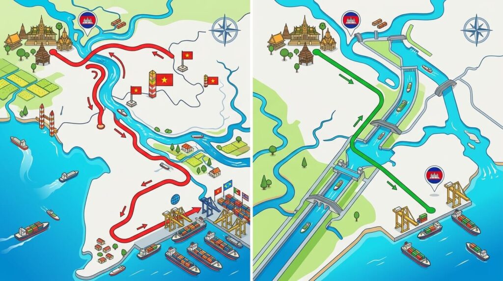 Infographic comparing old Mekong shipping route through Vietnam vs new Funan Techo Canal direct to Kampot port.