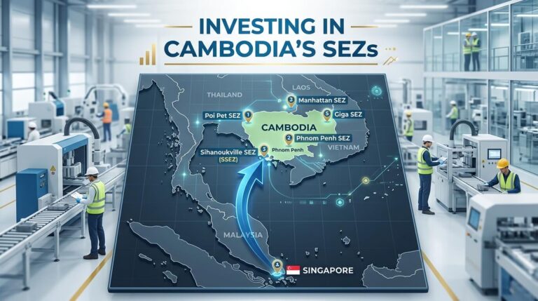 Cambodia SEZ investment guide for Singaporean investors showing map, factory icons, and growth charts.