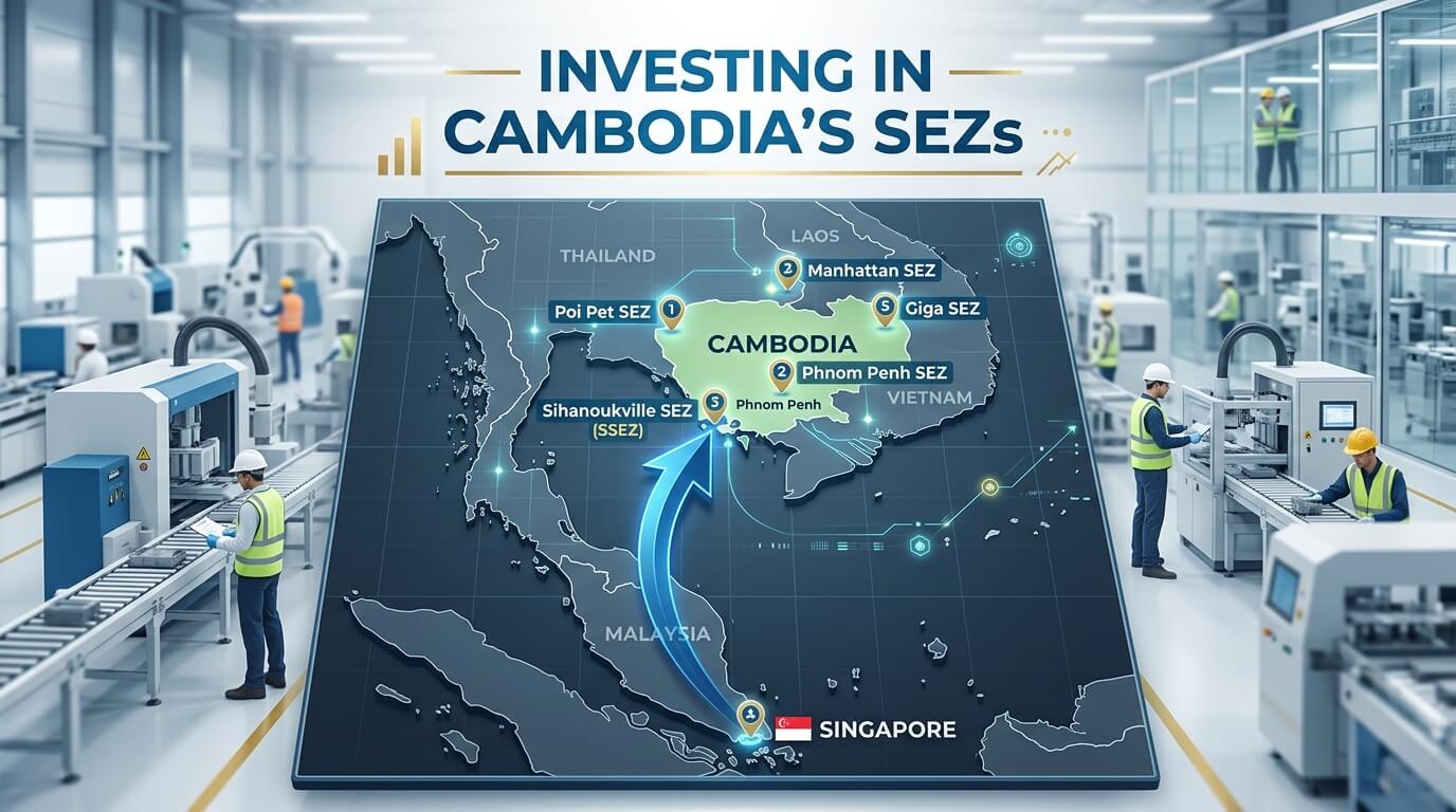 Cambodia SEZ investment guide for Singaporean investors showing map, factory icons, and growth charts.