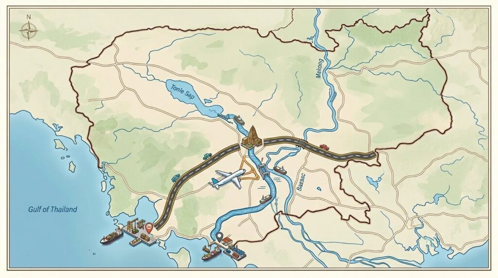 Map of Cambodia showing locations of Funan Techo Canal, Techo International Airport, expressways E4 and E1, Sihanoukville port, and Kampot port.