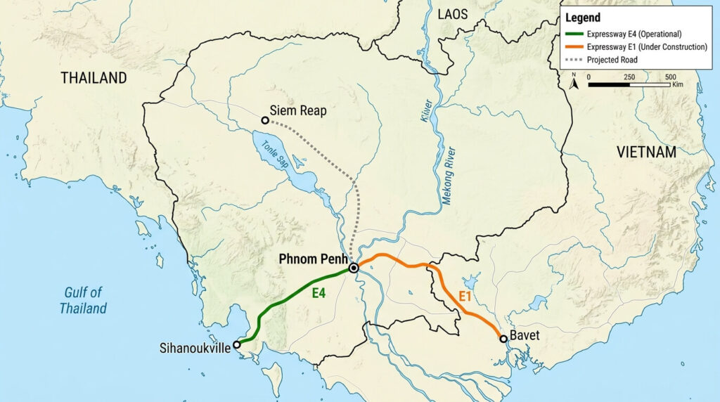 Map of Cambodia's expressway network: E4 operational, E1 under construction, and planned Phnom Penh–Siem Reap expressway.