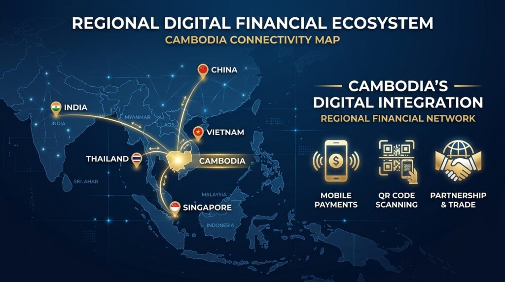 Infographic map showing Cambodia's Bakong KHQR cross-border payment links to Singapore, China, India, Thailand, Vietnam, Malaysia, Japan, and South Korea.