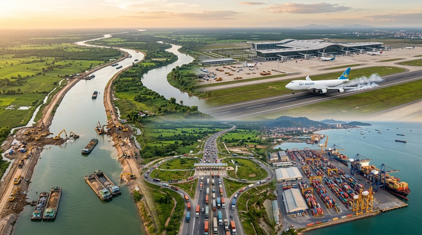 Aerial composite of Cambodia's mega projects: Funan Techo Canal, Techo International Airport, expressway, and Sihanoukville port expansion.