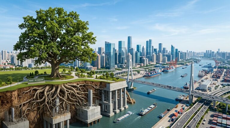 A symbolic corporate illustration representing Cambodia's economic stability, featuring a powerful tree with deep roots that merge into the solid foundation of a modern city skyline with a strategic commercial waterway under a clear sky.