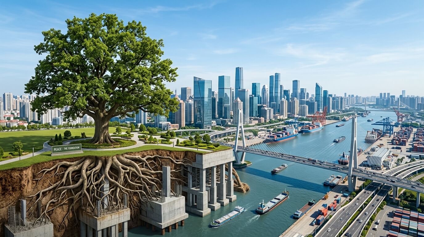 A symbolic corporate illustration representing Cambodia's economic stability, featuring a powerful tree with deep roots that merge into the solid foundation of a modern city skyline with a strategic commercial waterway under a clear sky.